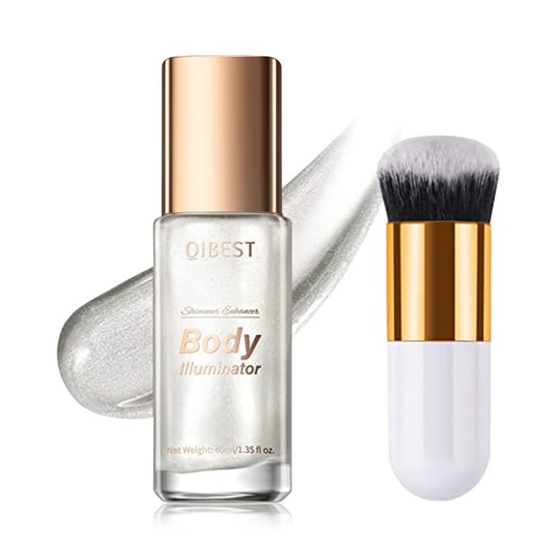 40ml Body Shimmer Oil,Liquid Body Illuminator, Waterproof Moisturizing And Glow For Face & Body, All-In-One Makeup Liquid Illuminator, Summer Body Luminizer,Makeup Brush Include(01#Silver)