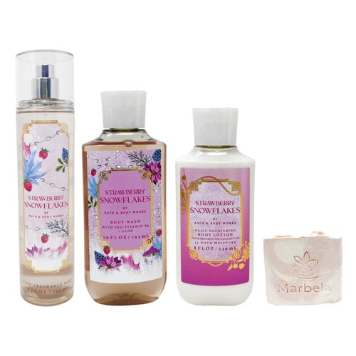 Bath & Body Works Strawberry Snowflakes - Tri Gift Set - Fine Fragrance Mist, Body Wash and Body Lotion With a Himalayan Salts Springs Soap., pink