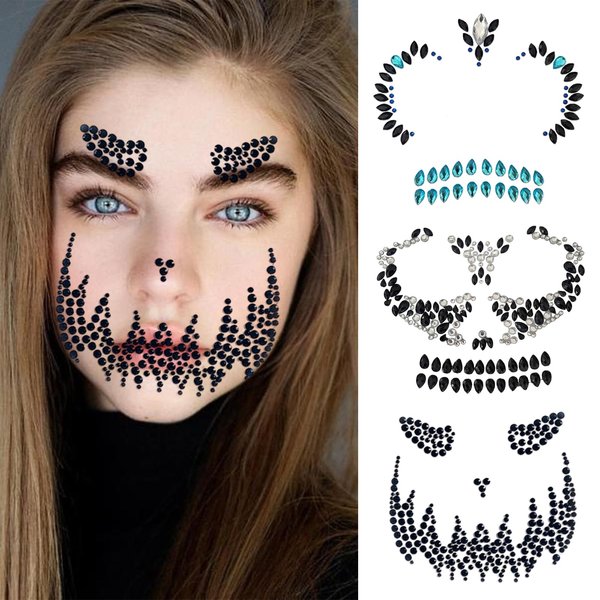 Face Gems Jewels Temporary Tattoo Stickers Halloween Festival Party Women Eyes Body Gothic Black Blue Rhinestones Art Makeup Accessories 3 Sheets