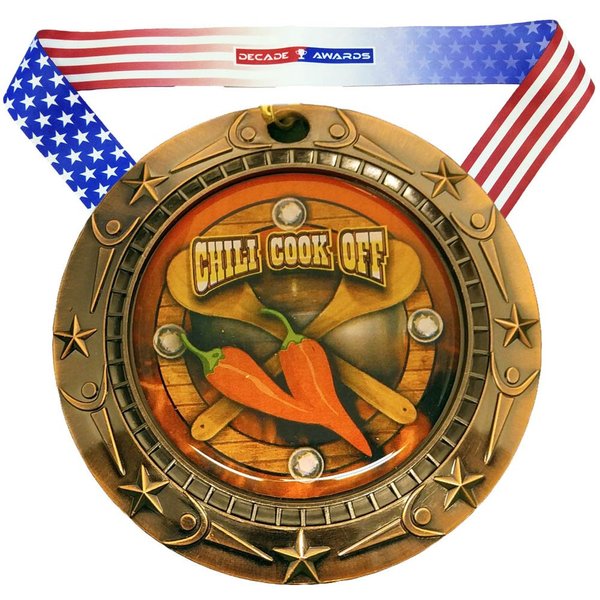 Decade Awards Chili Cook-Off Medal World Class Engraved Medal, Bronze - 3 Inch Wide Chili Competition Medallion with Stars and Stripes American Flag V Neck Ribbon - Customize Now