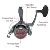 Quantum Optix Spinning Fishing Reel, Size 60 Reel, Changeable Right- or Left-Hand Retrieve, Aluminum Spool, Stainless Steel Bail Wire, QuickSet Anti-Reverse, 4.9:1 Gear Ratio, Silver, Clam Packaging