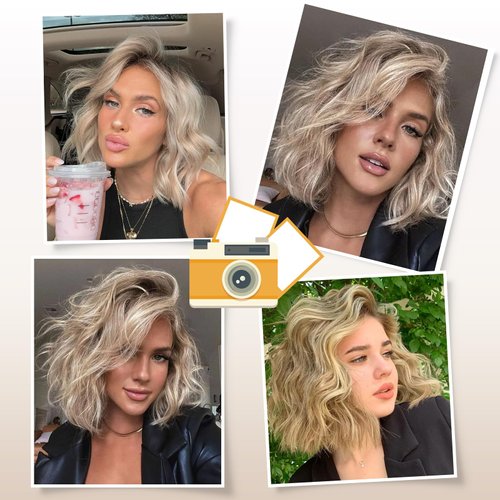 Aisaide Short Ombre Highlight Blonde Wavy Bob Wigs for Women Ombre Brown Curly Bob Wig Highlight Brown Layered Wavy Wigs with Dark Roots Fluffy Hair Natural Synthetic Shoulder Length Wig