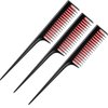 3 Piece Triple Teasing Comb, Rat Tail Combs for Women, Tool Structure Tease Layers Rattail Comb, Rat Tail Comb for Back Combing Root Teasing, Adding Volume, Evening Styling (Black and Red)