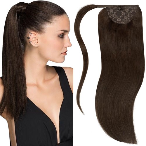 Lacer Ponytail Extensions Human Hair Wram Dark Brown 14 Inch 70g Hair Extensions Ponytail Hair Extensions Wrap Around Remy Human Hair Ponytail with Magic Paste One Piece Straight