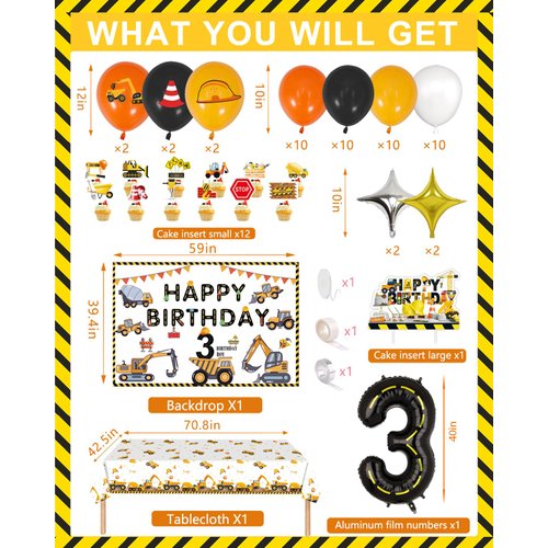 SKRCUI Construction birthday party supplies dump truck party decorations, construction theme tablecloth background cupcake decorations boy third birthday decorations boy birthday decorations balloons