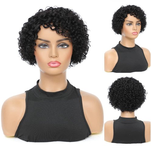 ISHINE Curly Wig Human Hair Wigs, 8 inch Short Bob Pixie Cut Brazilian Human Hair Wig, Black Afro Kinky None Lace Front Wigs for Women, Deep Wave Side Part Wig with Wig Cap