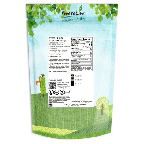 Food to Live Pitted Prunes, 2 Pounds - Whole Dried Plums, Unsulfured, Unsweetened, Non-Infused, Non-Irradiated, Vegan, Raw, Bulk