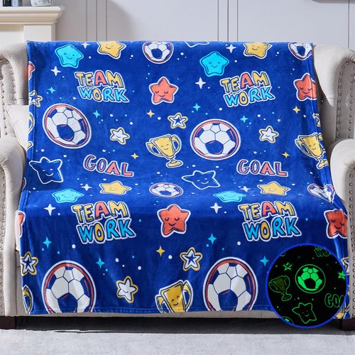 Soccer Toys Gifts Glow in The Dark Throw Blanket for Boys Girls, Sports Friendship Birthday Gifts for 3 4 5 6 7 8 9 10 Year Old Kids and Teens, Soccer Stuff Party Decor for Women Men Son Daughter