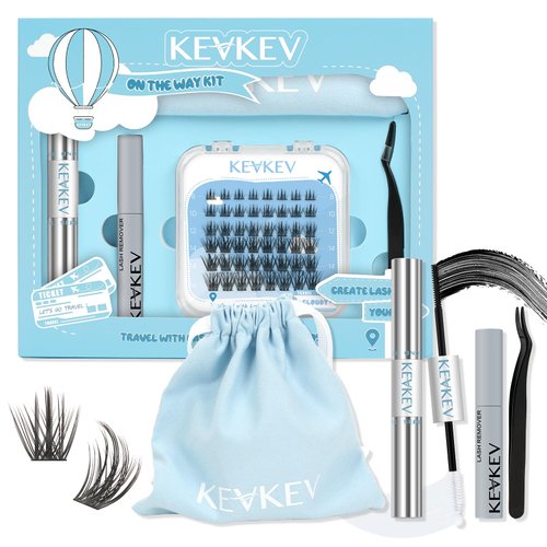 KevKev Lash Extension Kit for Travel, Portable Eyelash Extension Kit, Lash Clusters Kit 40Pcs Eyelash Clusters with Lash Bond and Seal Remover Tweezers Organizer Bag (Cloudy, D-8-16mix Kit)