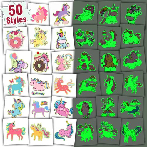 Partywind Temporary Tattoos for Kids Party Supplies, 50 Individually Wrapped Sheets Glow Tattoo Stickers for Girls Party Decorations Favors, Luminous Tattoos for Girls Toys
