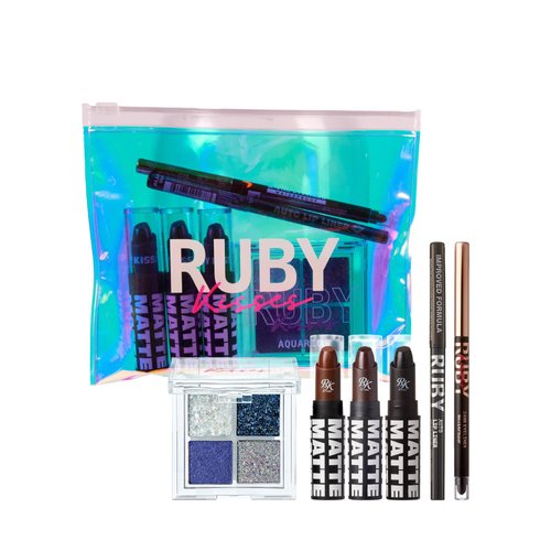 Ruby Kisses Limited Edition Halloween Kit – 3 Mattest Matte Lipsticks, Glitter Gem Palette, Waterproof Eyeliner, Auto Lip Liner & Holographic Pouch – Bold Halloween Makeup
