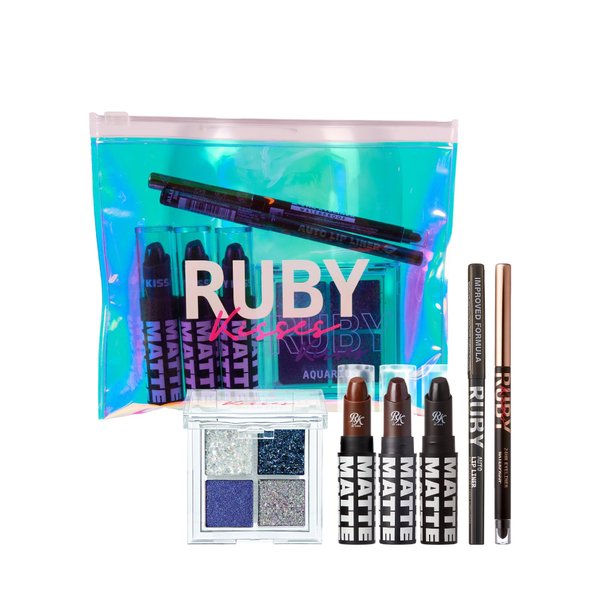 Ruby Kisses Limited Edition Halloween Kit – 3 Mattest Matte Lipsticks, Glitter Gem Palette, Waterproof Eyeliner, Auto Lip Liner & Holographic Pouch – Bold Halloween Makeup