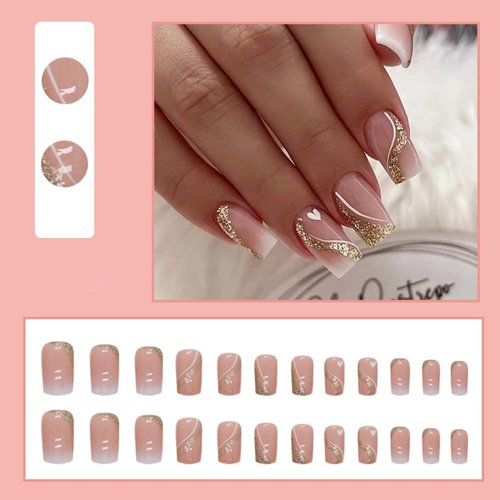 24 Pcs Nude Pink Press on Nails Medium Square - YEFIUO Glitter Fake Nails with Gold Swirl Designs Glue on Nails for Women Full Cover Glitter Sequins Acrylic Artificial False Glue on Nail for Festival