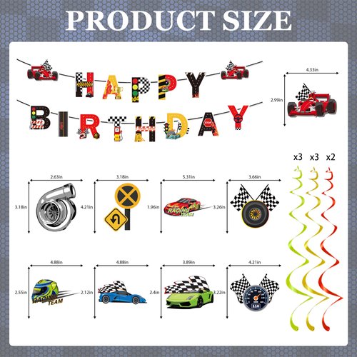 Race Car Birthday Party Decorations - Include Race Car Birthday Banner and Hanging Swirl Deocr Race Car Theme Party Supplies