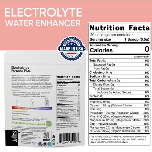PowderVitamin Electrolytes Powder Plus (20 Servings) Watermelon Electrolyte Powder Zero Calorie Keto,0 Sugar, No Maltodextrin,1000mg Potassium,120mg Calcium,120mg Magnesium, Pink Himalayan Salt
