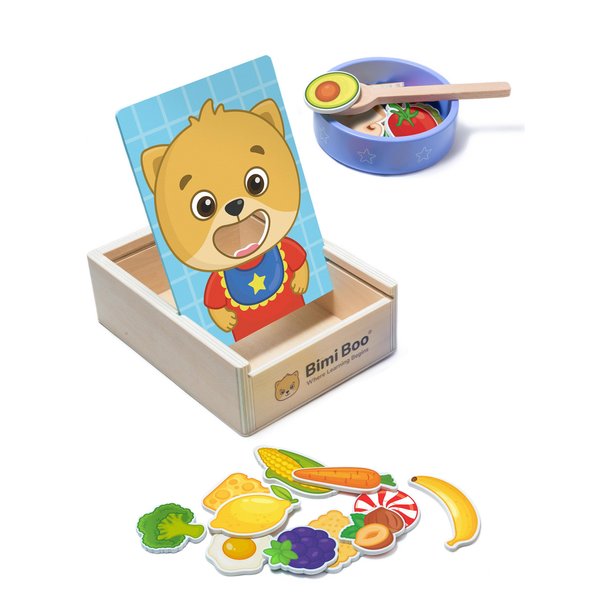 Bimi Boo Wooden Feeding Toy for Toddlers Ages 1-4+ - Pretend Food Game for Preschoolers, Play Food Set for Kids, Learning Resources Food Group Activities - 27 Various Foods, a Spoon, Bowl