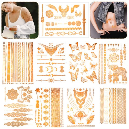 Oruola 9Sheets Gold Temporary Tattoos for Women,90+ Designs Tattoos,Flash Gold Tattoos Temporary Women Adult,Butterfly Elephant Tattoo for Festival Vacation Makeup Rave,Waterproof, Realistic Last Long