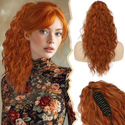 BARSDAR Copper Ponytail Extension - 18 Inch Claw Clip Ponytail Extensions for Women - Curly Wavy Multi Layered Synthetic Fake Clip in Pony Tails Hairpieces Daily Party - Ginger Copper