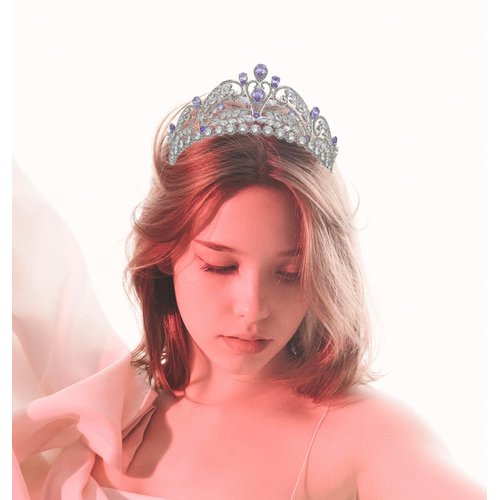 Light Purple Quinceanera Crowns and tiaras lavender Sweet 16 Birthday Crowns for Girls Cubic Zirconia CZ Wedding Headpiece Silver Hair Accessories