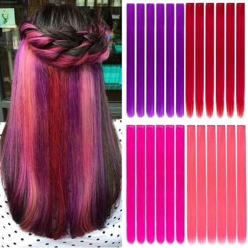 20” Straight Colourful hair Party Highlights Clip on in Hair Extensions Colored Hair Streak 24 Pcs Colored Synthetic Hairpieces For Woman(Red+Rose red+Pink+Purple)