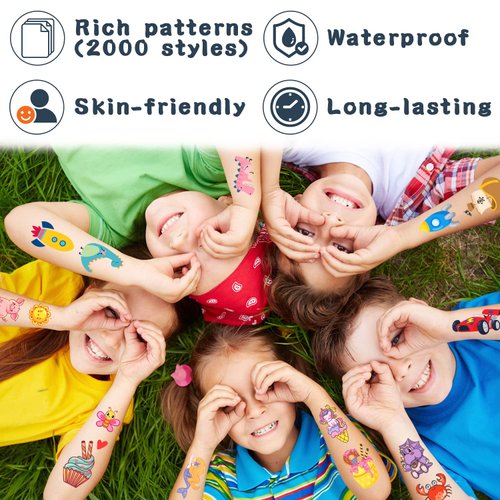 Partywind 168 Sheets (2000 Styles) Kids Temporary Tattoos for Party Supplies, Fake Tattoo Stickers with Dinosaur/Mermaid/Pirate for Boys and Girls, Birthday Games for Party