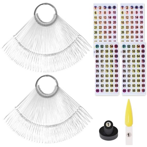 100pcs Nail Swatch Sticks with Number Stickers Nail Color Display Stiletto Tips Clear Nail Sample Sticks with Ring Practice Nail Tips Nail Supplies for Nail Techs Professional Nail Salon