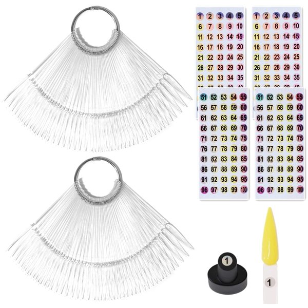 100pcs Nail Swatch Sticks with Number Stickers Nail Color Display Stiletto Tips Clear Nail Sample Sticks with Ring Practice Nail Tips Nail Supplies for Nail Techs Professional Nail Salon