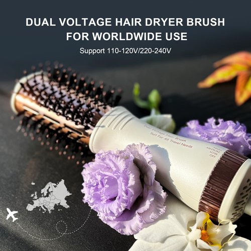 Travel Dual Voltage Hair Dryer Brush 4-IN-1 Portable Mini Hot Air Blow Dryer Straightener & Curler Brush, Titanium Round Blowout Styler Volumizer Tools, 110/240V US/EU/UK Plug for International Travel