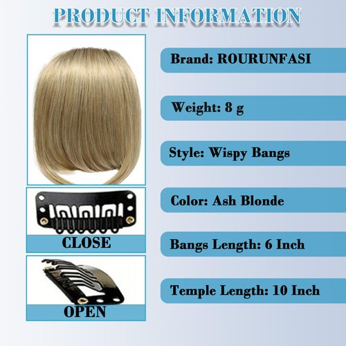 ROURUNFASI Clip on Wispy Bangs-Real Human Hair Clip in Bangs Hairpieces Ash Blonde Fake Air Bangs Fringe with Temples Bangs Hair Clip Extensions