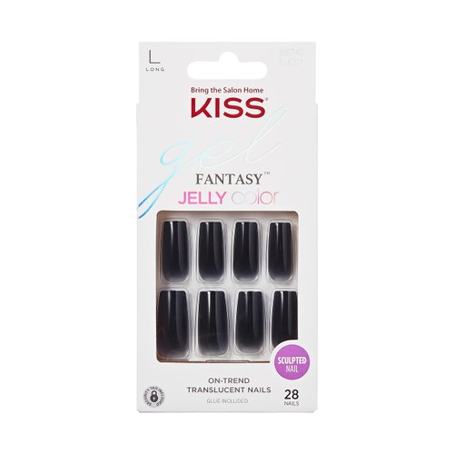 KISS Gel Fantasy Press On Nails, Nail glue included, 'Jelly Gelée', Black, Long Size, Square Shape, Includes 28 Nails, 2g glue, 1 Manicure Stick, 1 Mini File