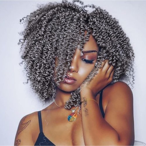 MIMAN 6 Packs 8 Inch Short Grey Passion Twist Hair Marlybob Jerry Curl Crochet Hair Synthetic Kinky Curly Crochet Hair Extention for Black Women DIY Crochet Bun Braided Wig Black Mix Grey