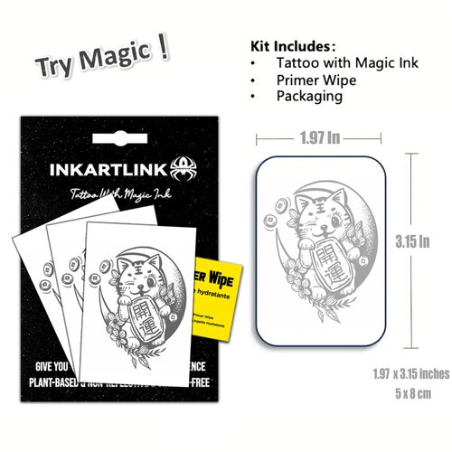 INKARTLINK Semi Permanent Tattoos, 3 Sheets of Small Temporary Tattoos, Adult Art Designs, Party Favors, Waterproof, Realistic, No Adhesive, No Reflective, Lasts 1-2 Weeks (Lucky Cat)