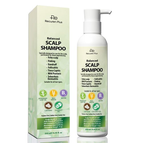 Recuren Plus Shampoo for Folliculitis and Psoriasis: Seborrheic Dermatitis, Dandruff and Itchy Scalp Relief with Salicylic Acid, Piroctone Olamine, Rosemary & Coconut Oil 8.8 fl.oz
