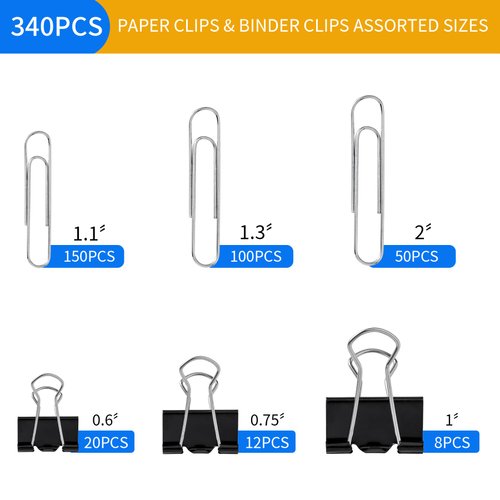 340PCS Paper Clips Binder Clips Teacher Supplies Teacher Supplies for Classroom Paperclips Small Binder Clips Paper Clips Assorted Sizes (Black)