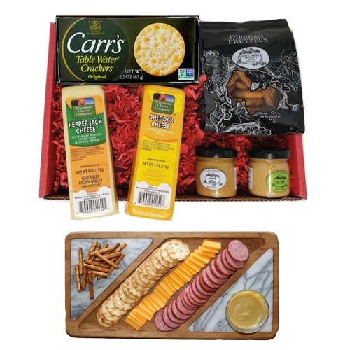 Wisconsin Cheese Company's-Specialty Gourmet Cheese Gift Basket, 100% Wisconsin Cheddar Cheese and Pepper Jack Cheese, Gourmet Pretzels, Mustard and Cracker Gift Box. Great Easter Gift, Football Party Snack, Birthday Gift, Thank you Gift, Business Gift to