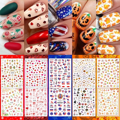 30 Sheets All Holiday Nail Stickers, Thanksgiving Independence Christmas Valentine's HalloweenDay Nail Art Decals Mixed All Season Set, Self-Adhesive Design Year-Round Manicure Decorations Supplies