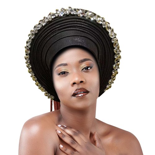 Nigerian Gele Fashion Headties for Women Head,African Head Wrap Beaded Lace Already Made Auto African Headtie for Party (Black)