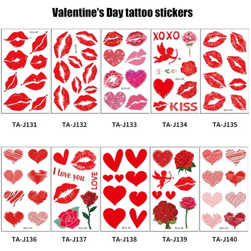 10 Sheets Valentine's Day Tattoo Stickers Red Love Temporary Tattoos Stickers Red Lips Tattoos Art Stickers Heart Rose Stickers Valentine Party Face Body Accessories for Women Girls