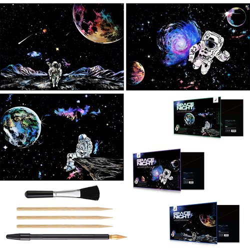 Space Series Scratch & Engraving Art Paper Kit (16"x11.2") for Kids & Adults - Rainbow Sketch Cosmos Astronaut Starry Sky Painting Painting Scratchboard- 3 Pack with 5 Tools: Drawing Pens, Clean Brush