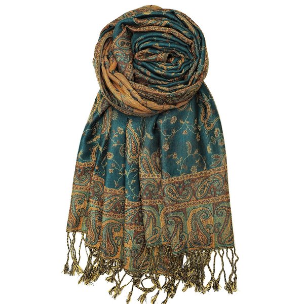 Achillea Soft Silky Reversible Paisley Pashmina Shawl Wrap Scarf w/Fringes (Dark Seagreen)