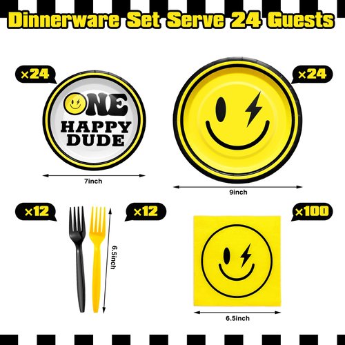 Norme 172 Pcs One Happy Dude Plates and Napkins Birthday Decorations Smile Face Party Tableware Supplies Disposable Paper Plates Napkin Forks for 1st Birthday Party Baby Shower, Serve 24 Guests