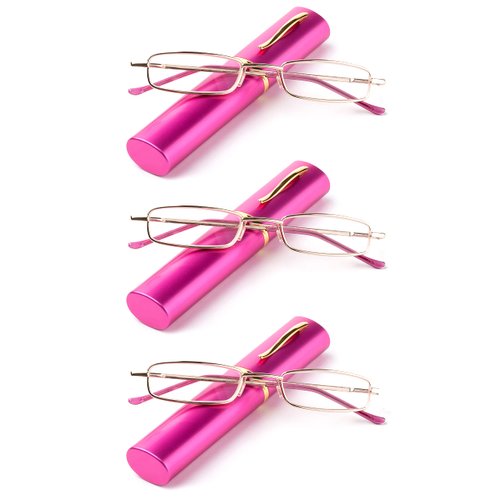 3 Packs Nebee Fashion Pocket Readers Ultra Slim Compact Reading Glasses Spring Temple w/Portable Nebee Fashion Pocket Clip Aluminum Case Pink +3.25