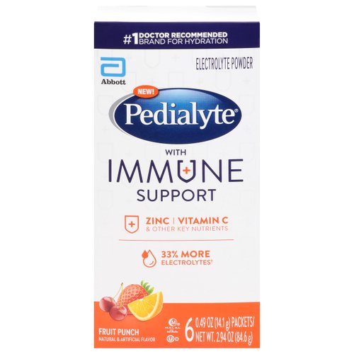 Pedialyte, Electrolyte Drink Immune Support Fruit Punch Punch Powder, 6 Count, 2.94 Ounce