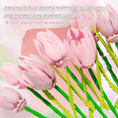 ZONECYTD Flower Bouquet Building Toy Set Tulips, Botanical Building Blocks for Adults Home Office Decor Pink Color