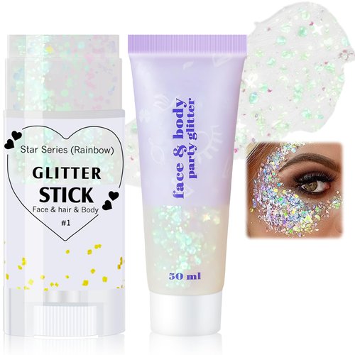 Wugbc 2Pcs Body Glitter Gel Stick,Face Rave Hair Accessories, Holographic Makeup Festival Mermaid Shimmer Chameleon Sequins Sparkling for Women Singer Concerts Disco Party Glitter, White