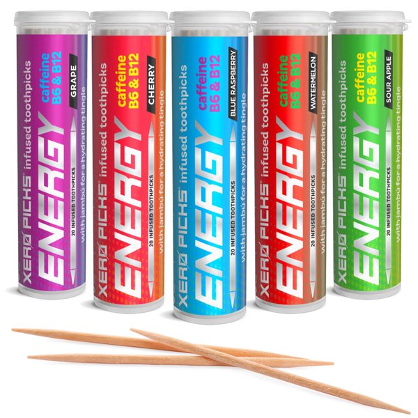 Xero Picks Energy Infused Flavored Toothpicks with Caffeine, B12 & B6-100 Picks (5 Pack Variety)