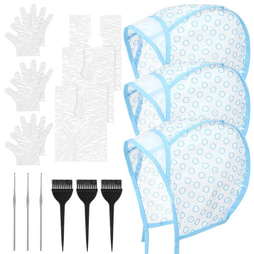 Lusofie Hair Coloring Kit Includes 3 Pcs Highlight Cap With 3 Pcs Crochet Hooks 3 Pcs Dye Brush 3 Pair Gloves 3 Disposbale Hair Dye Shawl Comprehensive Hair Highlighting Kit For Dyeing Hair (blue)