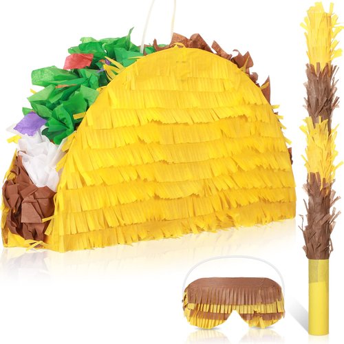 Sratte Taco Piñata Set Mexican Birthday Party Piñatas Decorations Cinco de Mayo Fiesta Theme Piñata with Plastic Stick and Blindfold for Mexican Themed Party Supplies favors, 15 x 8 x 3 Inches