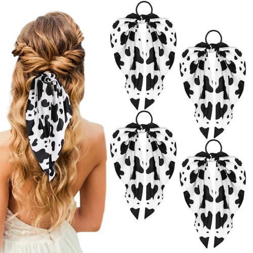 Qianyu 4 Pcs Cow Print Hair Headband Rabbit Ear Bowknot Hair Tie Ropes Elastic Scrunchie Cute Ani...