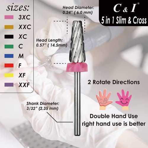 C & I 5 in 1 Nail Drill Bit, Cross & Slim Edition, Professional Nail Drills for Electric Manicure Drill Machine (Triple Coarse -3XC)